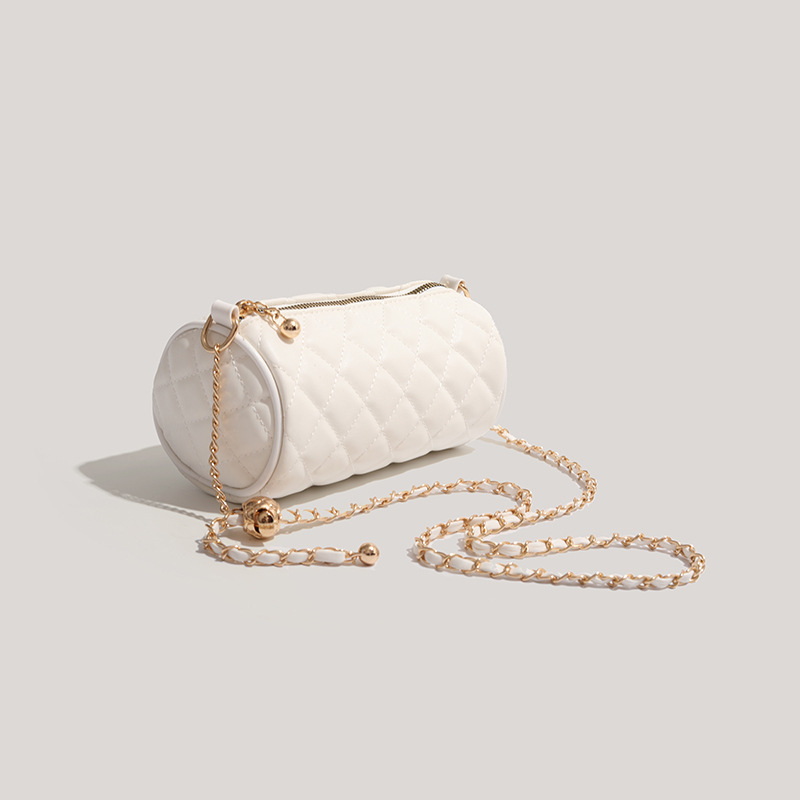 Női crossbody táska, cilindrikus forma, gyémánt quilt mintázattal és lánccal, PU anyag, 2024-es modell, prémium textúra