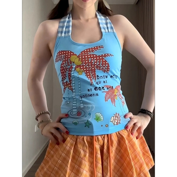 Női Hot Girl Chic nyomott camiszol, retro kockás belső top