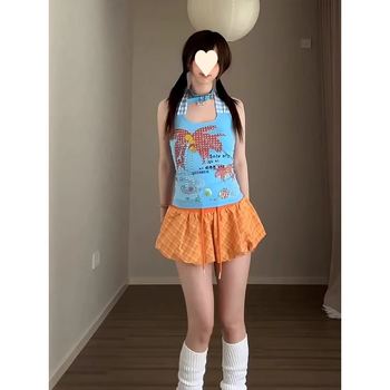 Női Hot Girl Chic nyomott camiszol, retro kockás belső top