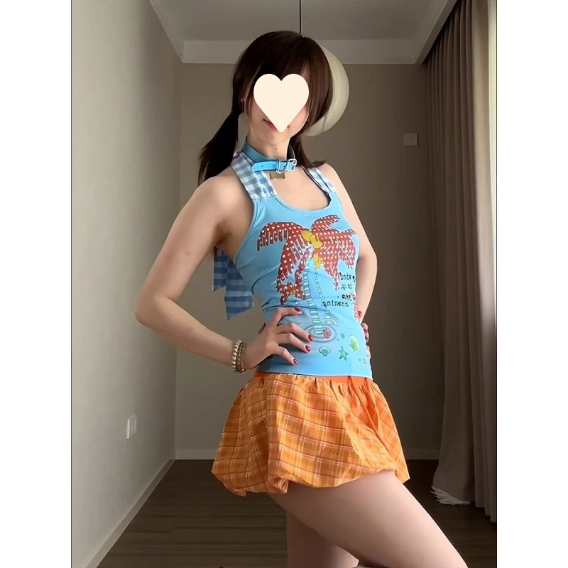 Női Hot Girl Chic nyomott camiszol, retro kockás belső top