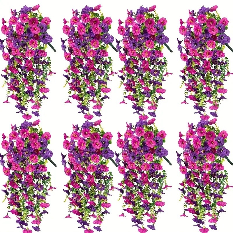 Mesterséges eukaliptusz levelekkel és Morning Glory virággal készült, falra akasztható függő dekoráció kerthez