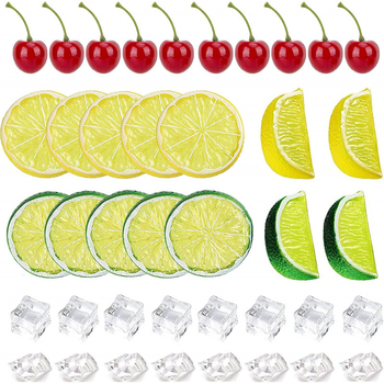 Yuronam set cu 40 de bucăți de gheață falsă zdrobită și pietre de gheață pătrate, 10 felii artificiale de lămâie, 4 bucăți mari decorative