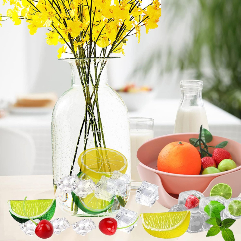 Yuronam set cu 40 de bucăți de gheață falsă zdrobită și pietre de gheață pătrate, 10 felii artificiale de lămâie, 4 bucăți mari decorative