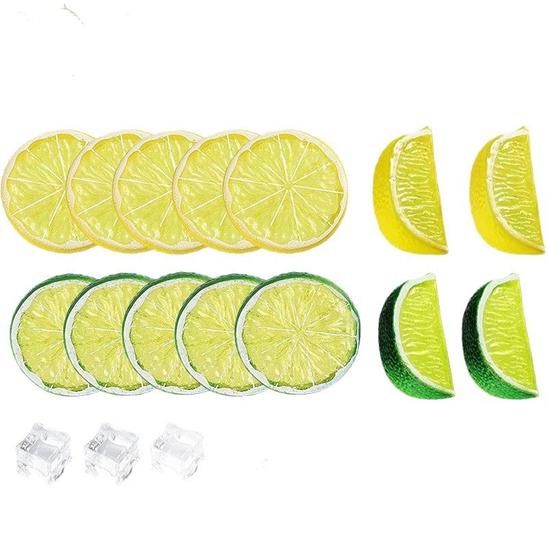 Yuronam set cu 40 de bucăți de gheață falsă zdrobită și pietre de gheață pătrate, 10 felii artificiale de lămâie, 4 bucăți mari decorative