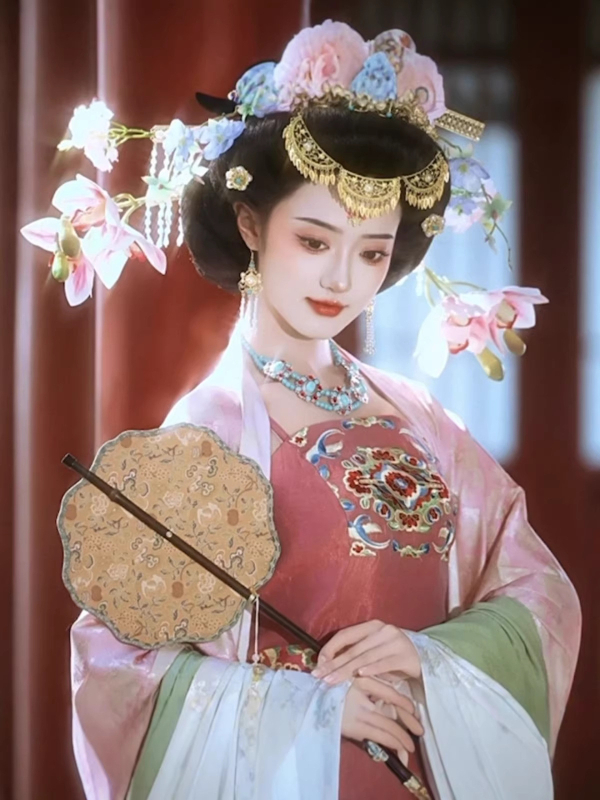 Rózsaszín Tang-dinasztia Hanfu szett széles ujjú toppal és szoknyával, hímzés, a késő Tang-kor inspirációjával.