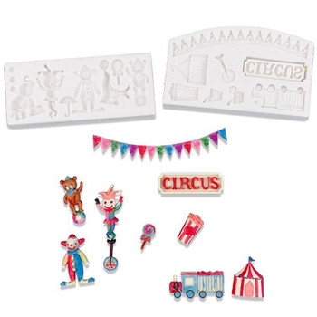 Cirkusz témájú szilikon fondant forma tortadíszítéshez – bohóc, betűk és girlandák alakjai, szabálytalan forma, méretek 14,5×11,7×1,4 cm