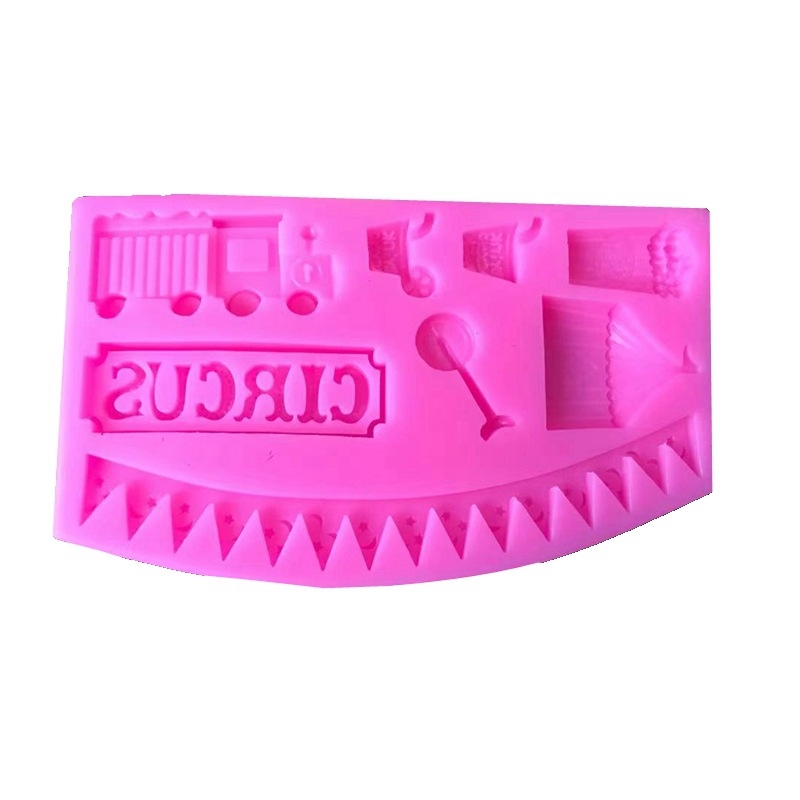 Cirkusz témájú szilikon fondant forma tortadíszítéshez – bohóc, betűk és girlandák alakjai, szabálytalan forma, méretek 14,5×11,7×1,4 cm