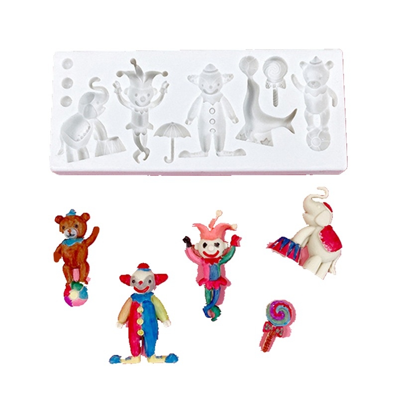 Cirkusz témájú szilikon fondant forma tortadíszítéshez – bohóc, betűk és girlandák alakjai, szabálytalan forma, méretek 14,5×11,7×1,4 cm