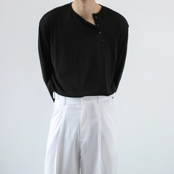 Amerikai retro férfi Henley felső, hosszú ujjú, mosott vintage hatású, könnyű, álló gallérral