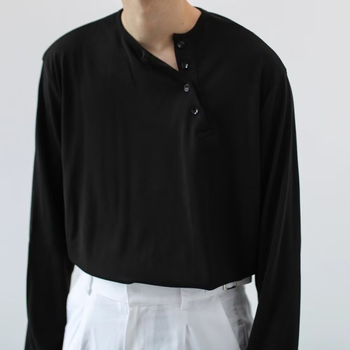 Amerikai retro férfi Henley felső, hosszú ujjú, mosott vintage hatású, könnyű, álló gallérral