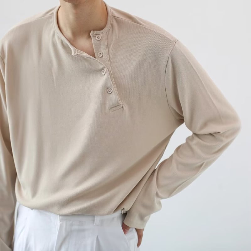 Amerikai retro férfi Henley felső, hosszú ujjú, mosott vintage hatású, könnyű, álló gallérral