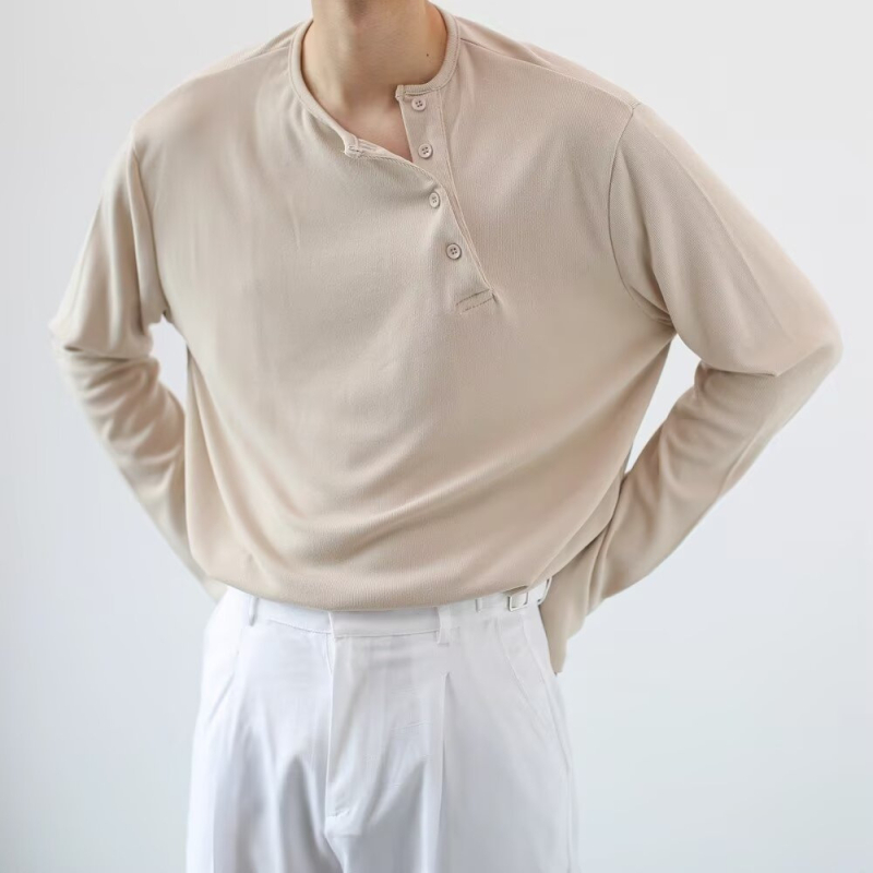 Amerikai retro férfi Henley felső, hosszú ujjú, mosott vintage hatású, könnyű, álló gallérral
