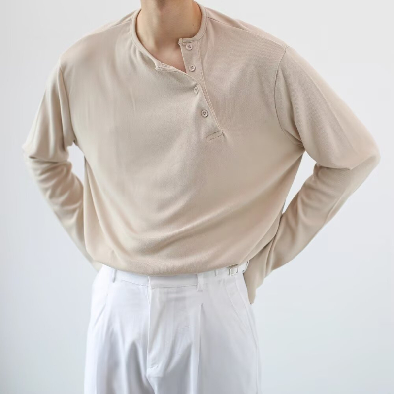 Amerikai retro férfi Henley felső, hosszú ujjú, mosott vintage hatású, könnyű, álló gallérral