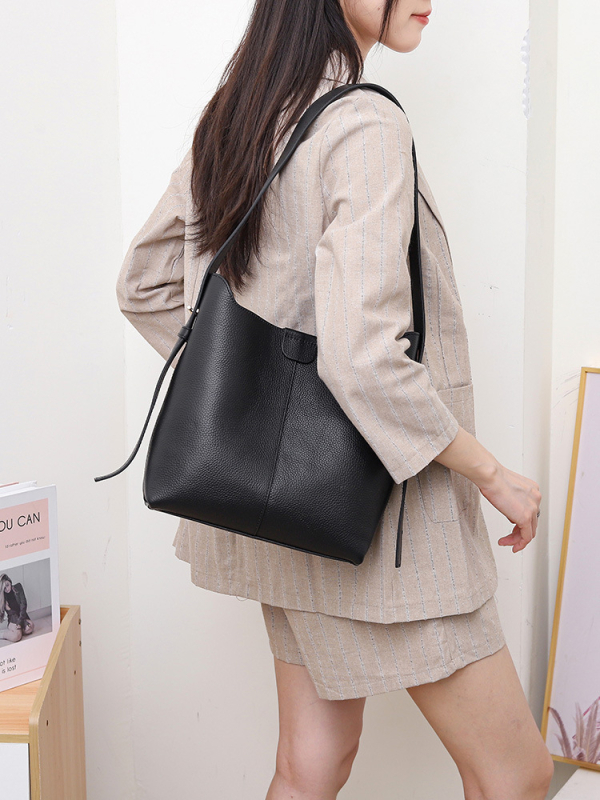 Női valódi bőrtáska – bucket bag, casual stílus, nagy kapacitás, crossbody