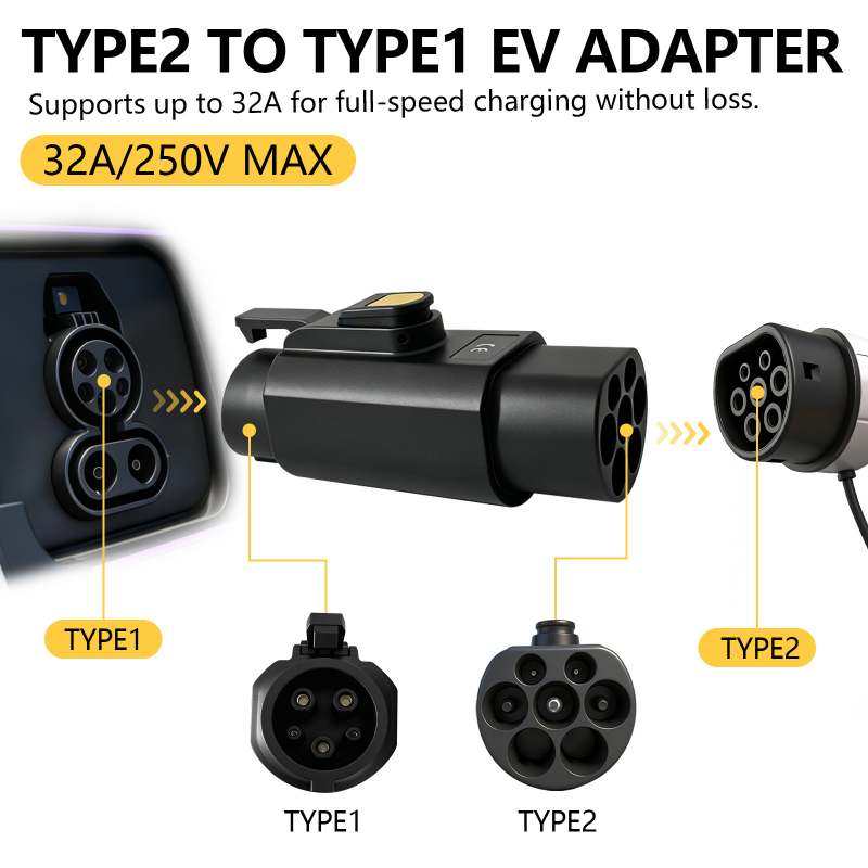 Type2–Type1 villanyautó adapter SAE J1772 16A/32A