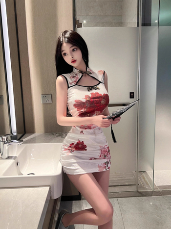 Fehér velúr mintás cheongsam ruha ujjatlan, karcsú szabás, nőknek