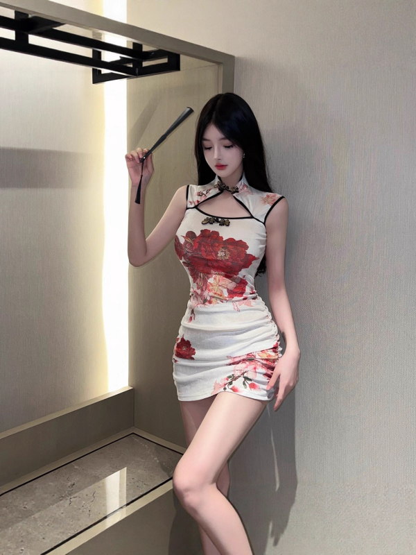 Fehér velúr mintás cheongsam ruha ujjatlan, karcsú szabás, nőknek