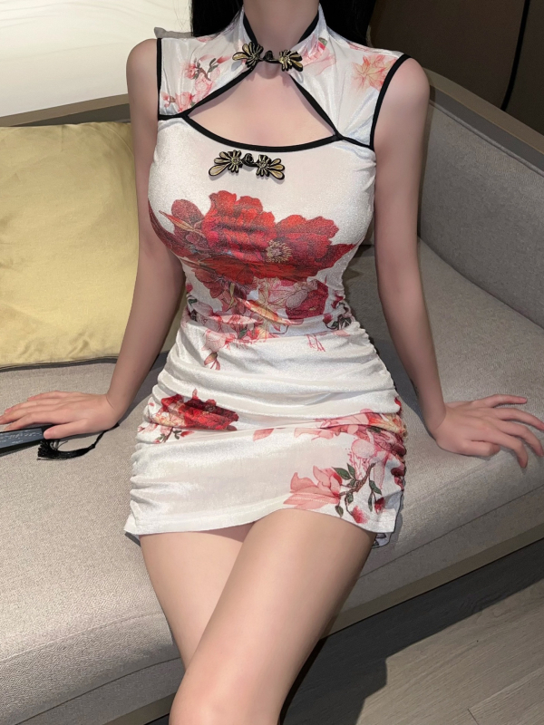 Fehér velúr mintás cheongsam ruha ujjatlan, karcsú szabás, nőknek