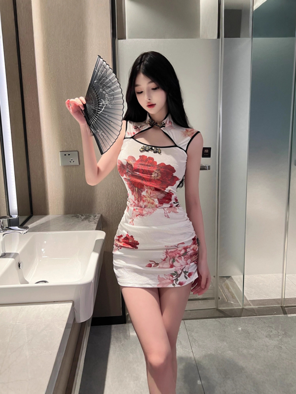 Fehér velúr mintás cheongsam ruha ujjatlan, karcsú szabás, nőknek