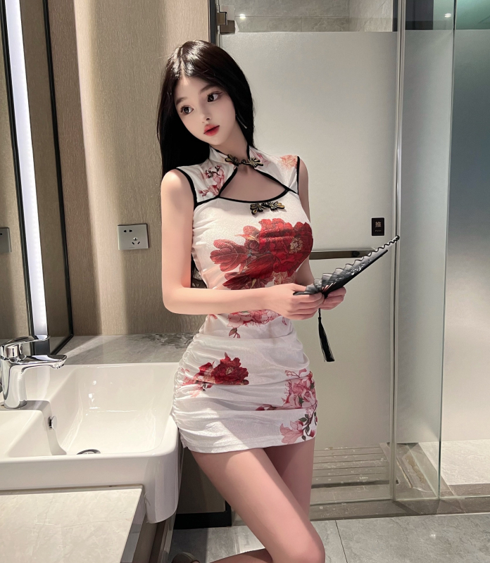 Fehér velúr mintás cheongsam ruha ujjatlan, karcsú szabás, nőknek