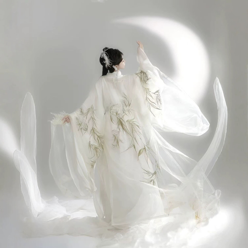 Zhaozhao Wei Jin Hanfu, dlhé vyšívané šaty s rovným lemom a prekríženým golierom, široké rukávy, éterický nový štýl
