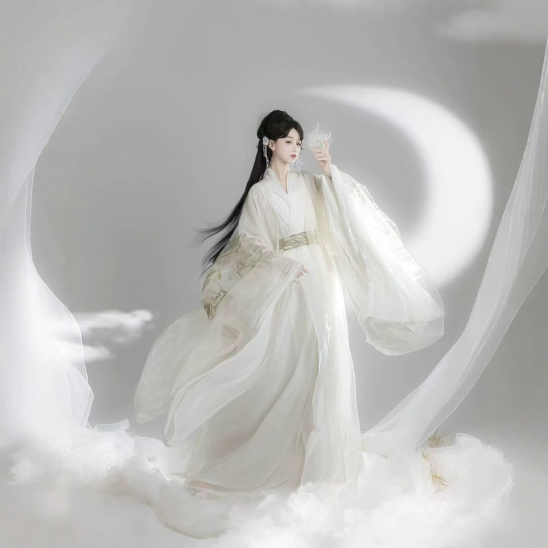Zhaozhao Wei Jin Hanfu, dlhé vyšívané šaty s rovným lemom a prekríženým golierom, široké rukávy, éterický nový štýl