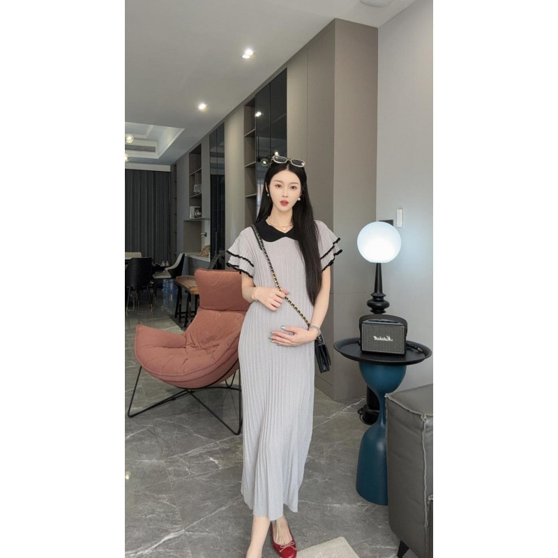 Rochie de maternitate pentru alăptare după naștere, vară, tricot din ice silk, lungime midi, mâneci scurte, guler rever, croială slim