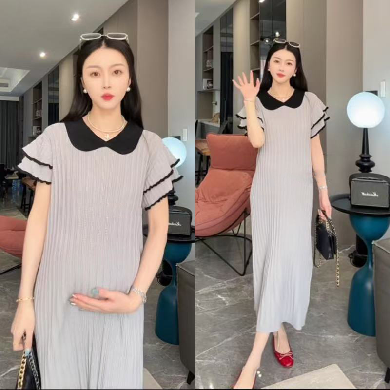 Rochie de maternitate pentru alăptare după naștere, vară, tricot din ice silk, lungime midi, mâneci scurte, guler rever, croială slim