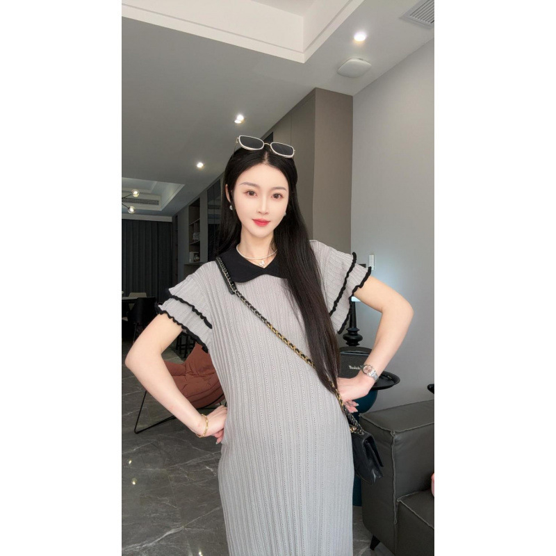 Rochie de maternitate pentru alăptare după naștere, vară, tricot din ice silk, lungime midi, mâneci scurte, guler rever, croială slim