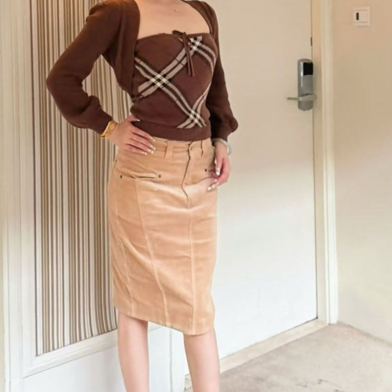 Koreai stílusú őszi-téli retro kordbársony plusz méretű midi szoknya, elegáns középtáji derék, karcsúsított szabás, barna