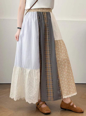 Koreai stílusú, új kockás patchwork szabálytalan szabású női midi szoknya elasztikus derékkal