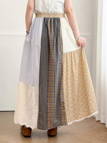 Koreai stílusú, új kockás patchwork szabálytalan szabású női midi szoknya elasztikus derékkal