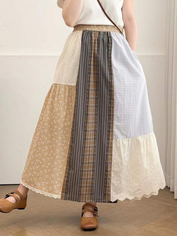 Koreai stílusú, új kockás patchwork szabálytalan szabású női midi szoknya elasztikus derékkal