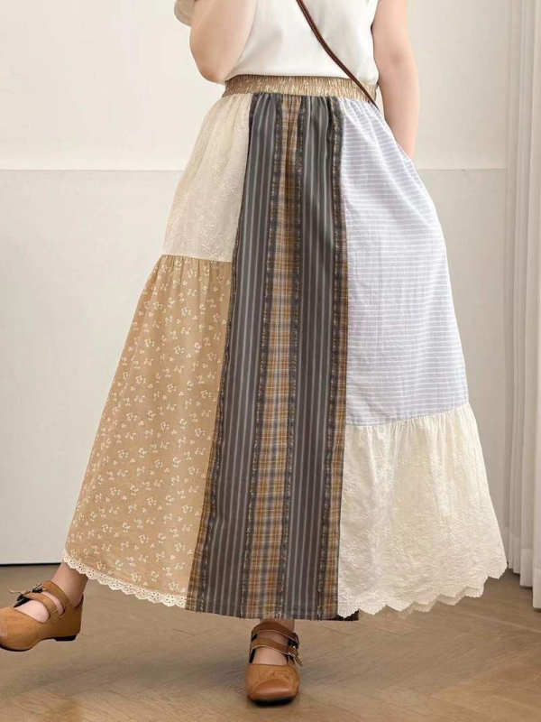 Koreai stílusú, új kockás patchwork szabálytalan szabású női midi szoknya elasztikus derékkal