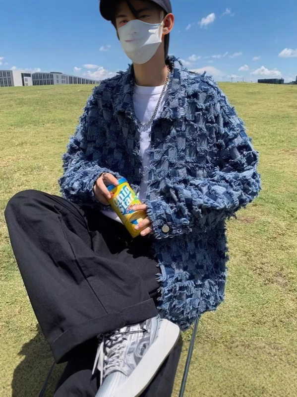 Férfi farmerdzseki rojtos szélekkel és sakktábla mintával, streetwear-stílusú, laza szabás tavasz-őszre
