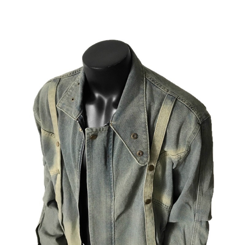 Férfiaknak lazán szabott farmerdzseki, retro kopott hatású mosott denim, tavasz–ősz