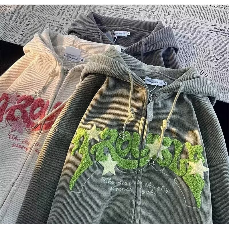 Hanorac corduroy cu fermoar, stil american, broderie groasă