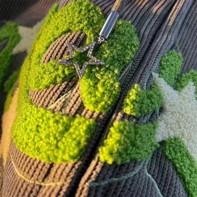 Hanorac corduroy cu fermoar, stil american, broderie groasă