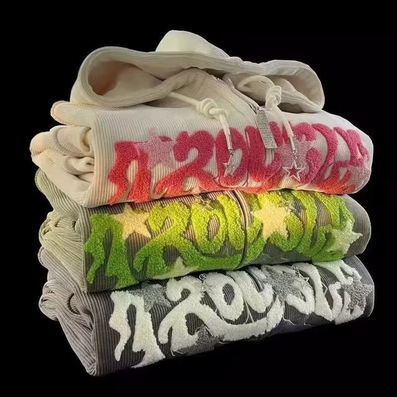 Hanorac corduroy cu fermoar, stil american, broderie groasă