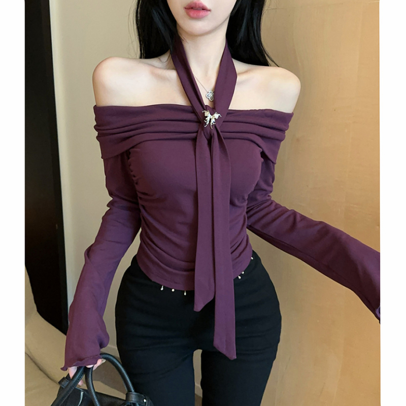 Női hosszú ujjú off-shoulder felső nyakpánttal, lilaszínű, deréktól szorítva, cropped top őszre