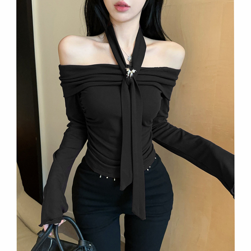 Női hosszú ujjú off-shoulder felső nyakpánttal, lilaszínű, deréktól szorítva, cropped top őszre