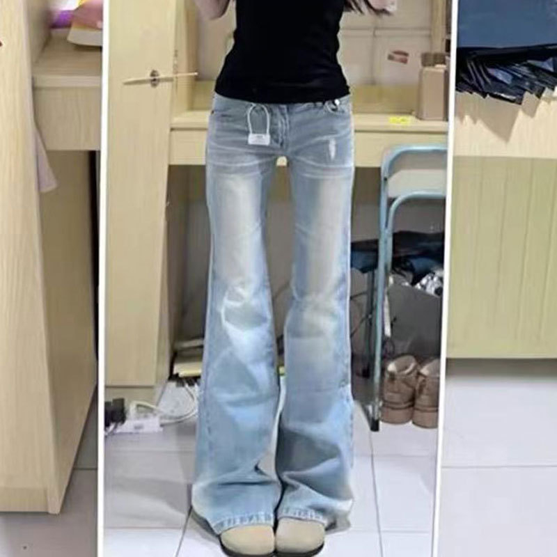 Világos színű bootcut farmer nőknek, plusz méret, csipke patchwork díszítés, alacsony derék, padlóig érő, karcsúsított fazon