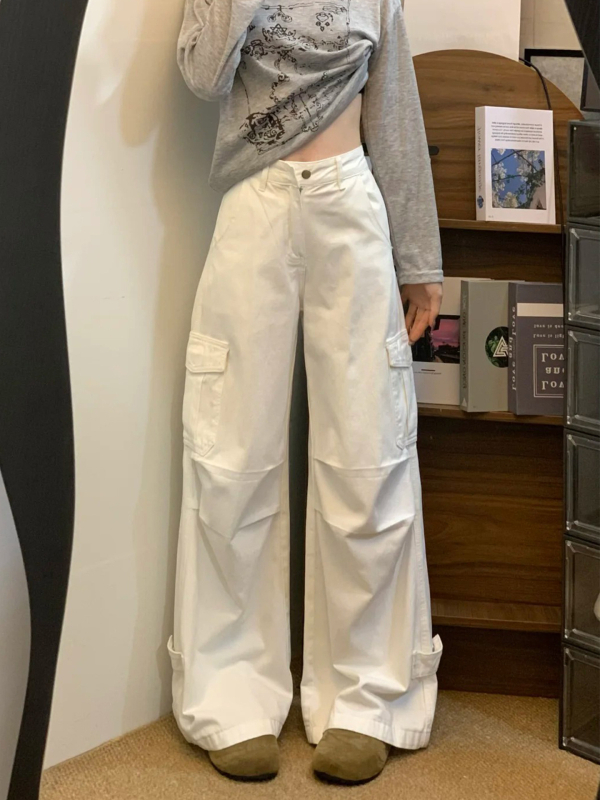 Fehér női munkanadrág, 2026-os amerikai stílusú széles szabású denim, plusz méret, karcsúsító fazon tavasszal