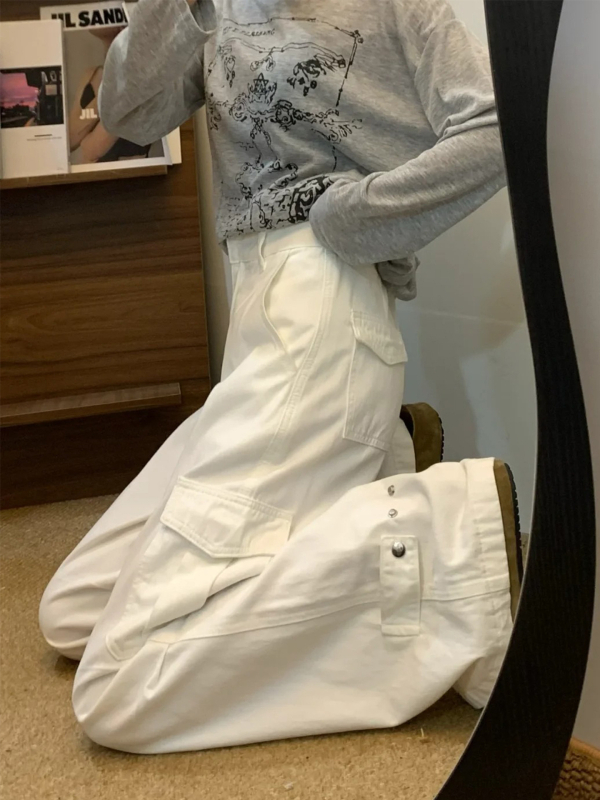 Fehér női munkanadrág, 2026-os amerikai stílusú széles szabású denim, plusz méret, karcsúsító fazon tavasszal