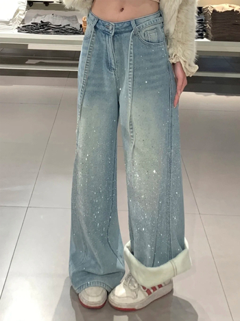 Női téli farmernadrág rhinestone díszítéssel és fleece-béléssel, vastag anyag, széles szárú, amerikai stílus, plusz méret, padlóig érő