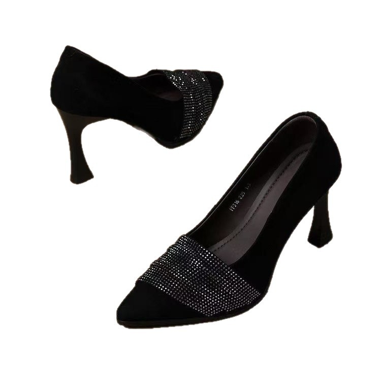 Pantofi femei din piele moale, vârf ascuțit, toc mediu, cu strasuri, stil franțuzesc, confortabili