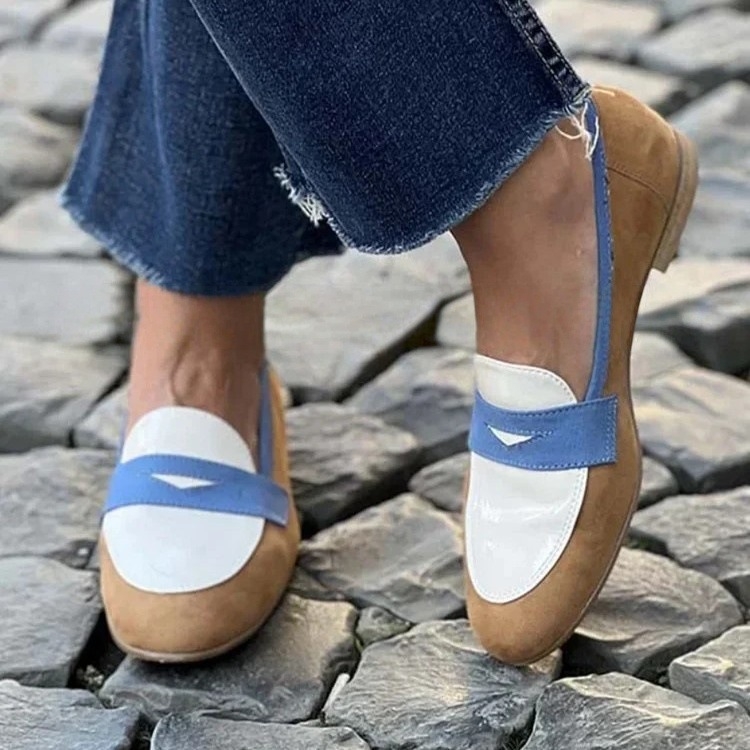 Női casual loaferek kerek orrú, velúr hatású, color-block, slip-on, tavasz 2025, méretek 40-43