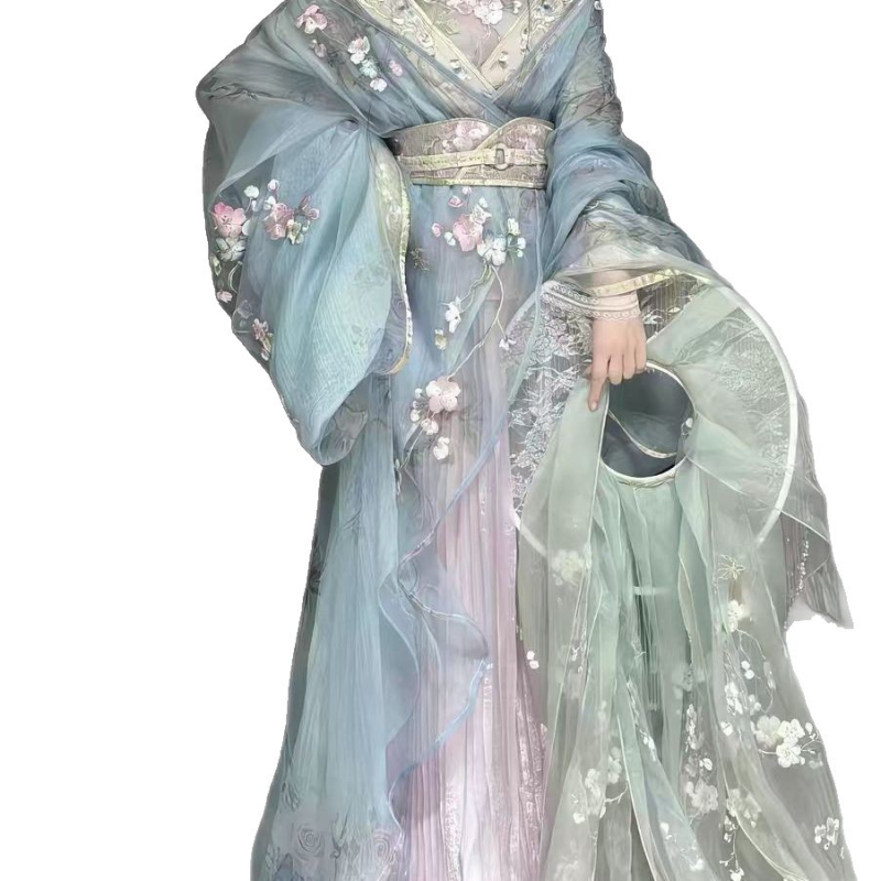 Fialové hanfu s hustou výšivkou, starodávny dizajn inšpirovaný rúchami z obdobia bojujúcich štátov, éterická súprava