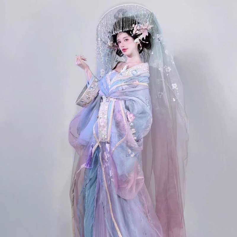 Fialové hanfu s hustou výšivkou, starodávny dizajn inšpirovaný rúchami z obdobia bojujúcich štátov, éterická súprava
