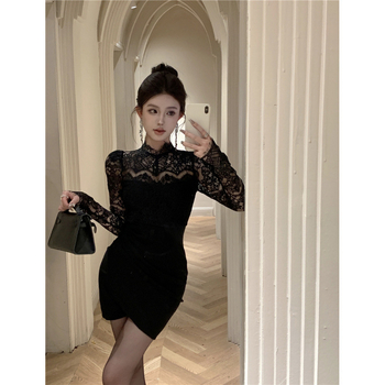 Női hosszú ujjú cheongsam ruha patchwork mintával téli